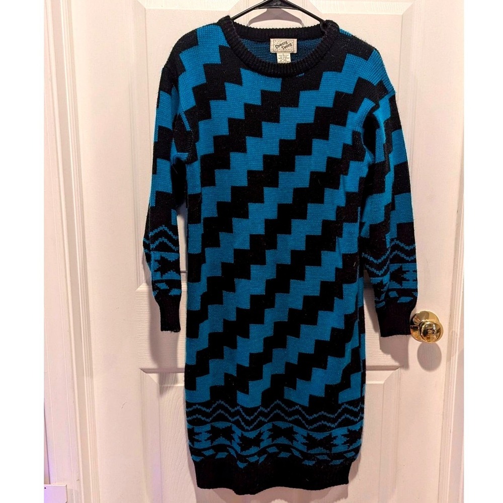Vintage 80s Geometric Sweater‎ Dress Blue Black Retro Mod Cottagecore Medium